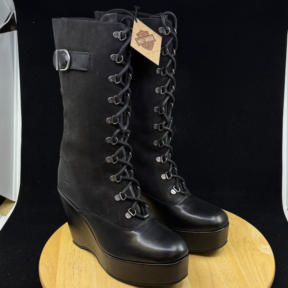 Harley-Davidson Celina 10" Wedge Black Motorcycle Boots D84732 Women's Sz 10 NEW - Picture 3 of 8